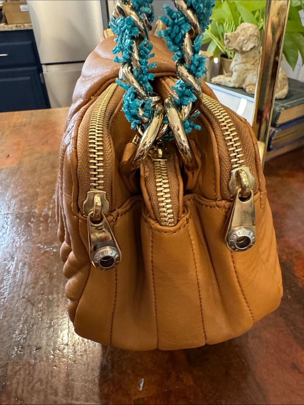 Henri Bendel Quilted Leather Shoulder Bag with Gold and Raffia Chain - Picture 5 of 15